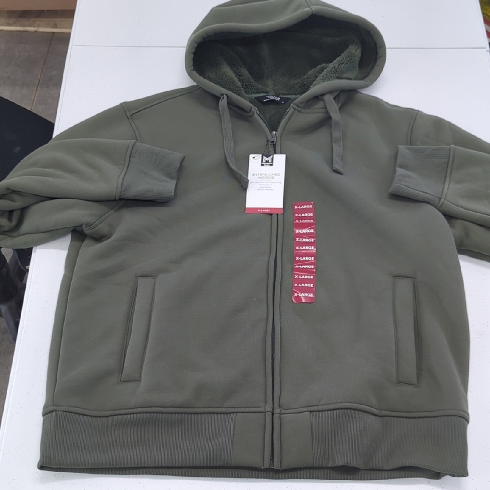 Olive Green Sherpa Lined Zip Up Hooded Sweatshirt XL